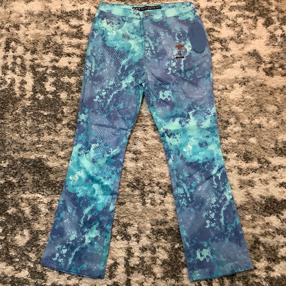 Plus blue tie dye type jeans, stretchy, NWT, zip, pockets